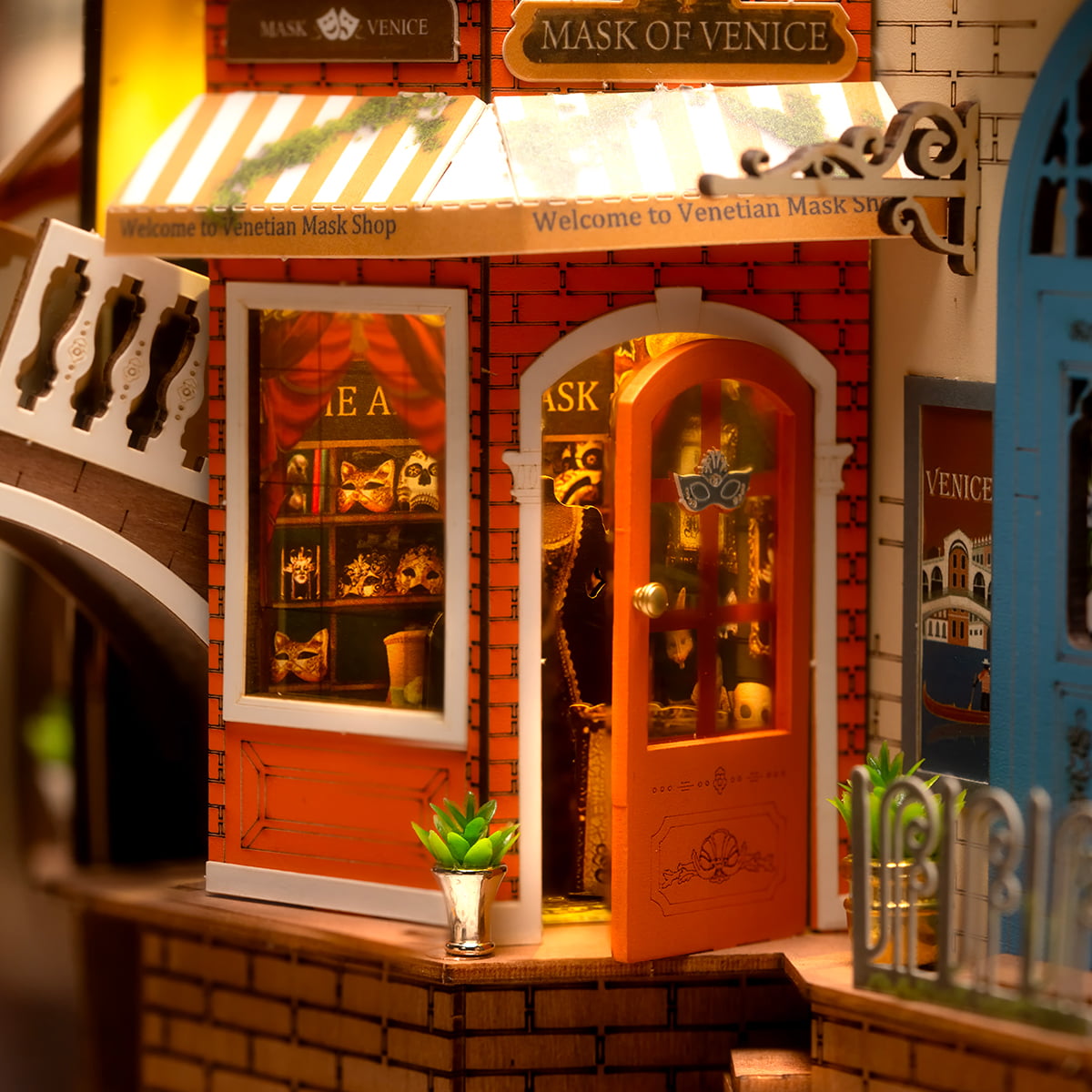 Rolife Mask of Venice DIY book nook miniature with masked storefront and Venetian themed decor
