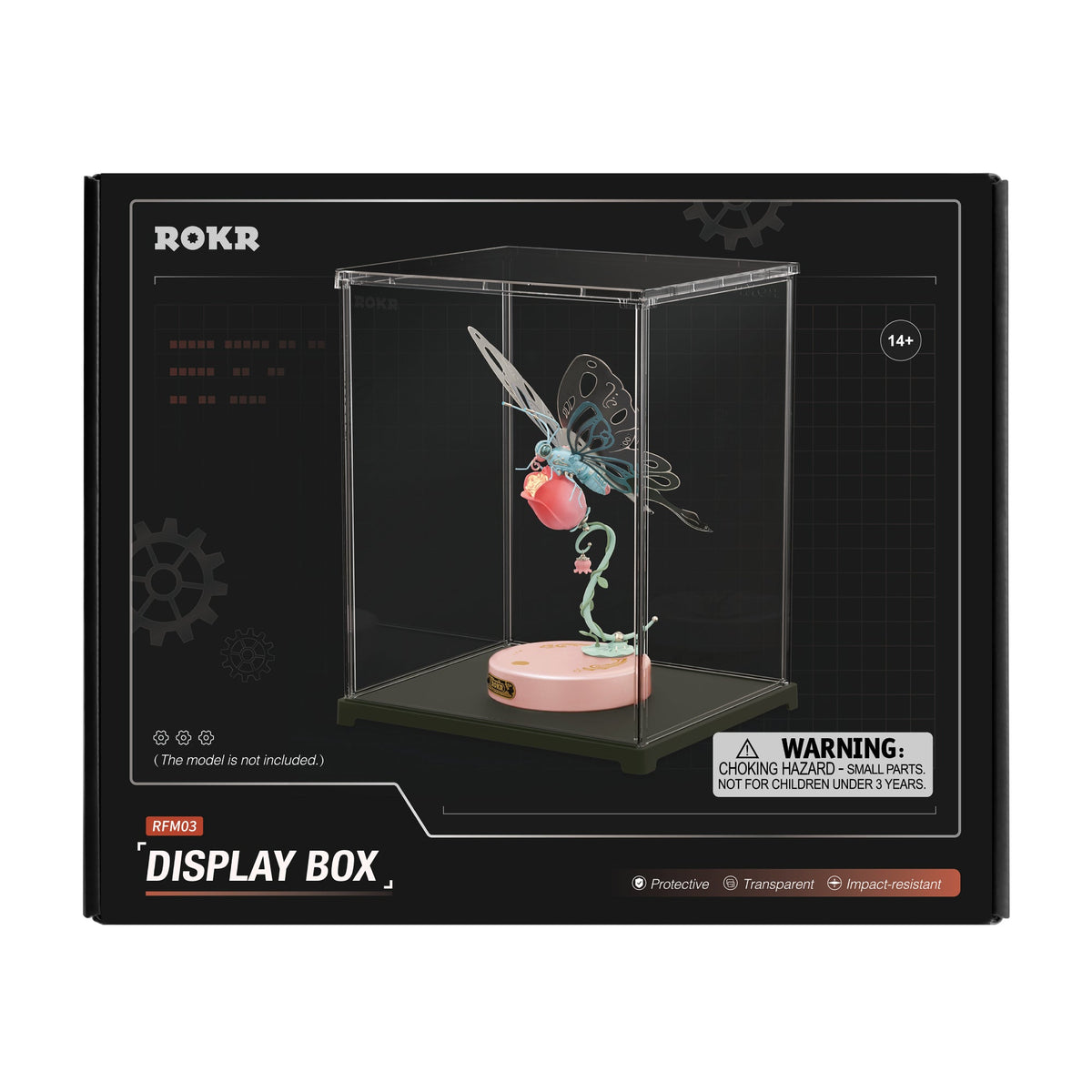 ROKR Display Box RFM03 retail packaging showing acrylic case with a dragonfly kinetic sculpture model inside on black background