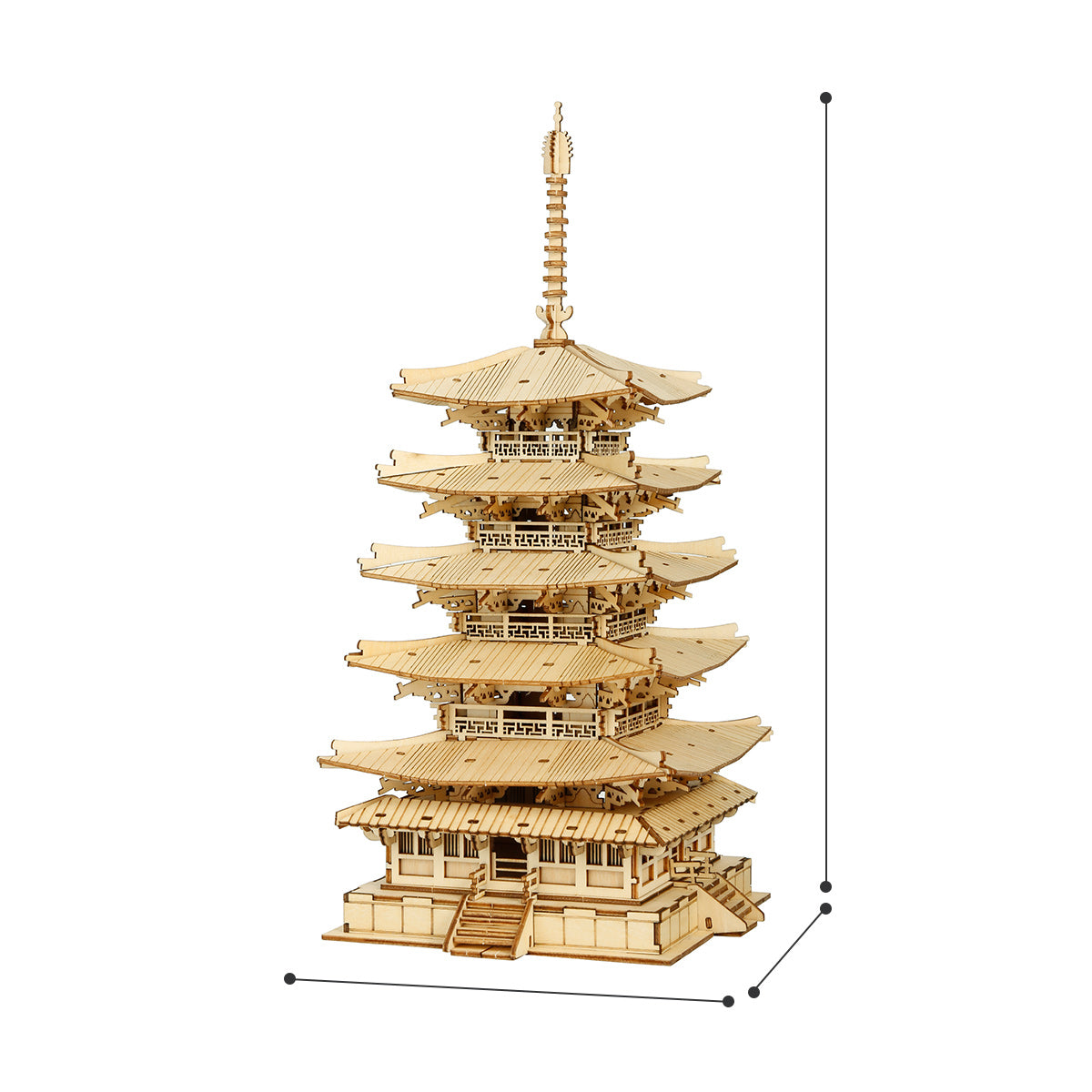 Rolife Five-storied Pagoda TGN02 3D wooden architecture puzzle, lifestyle scene on a wooden desk