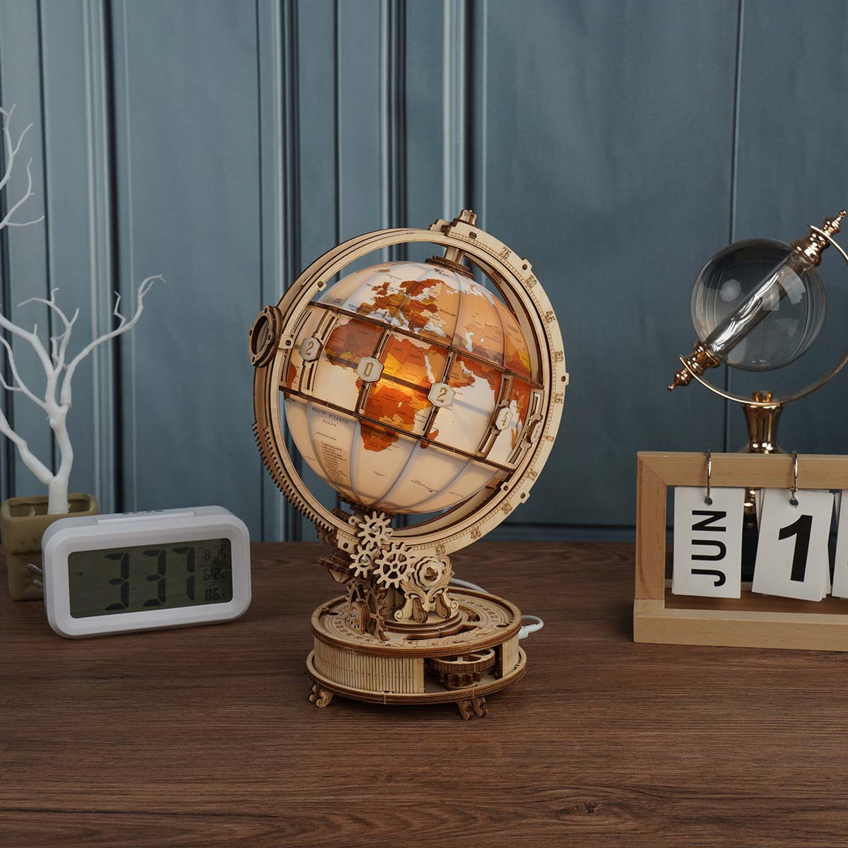ROKR, Luminous Globe, ST003, 3D wooden globe puzzle, styled scene