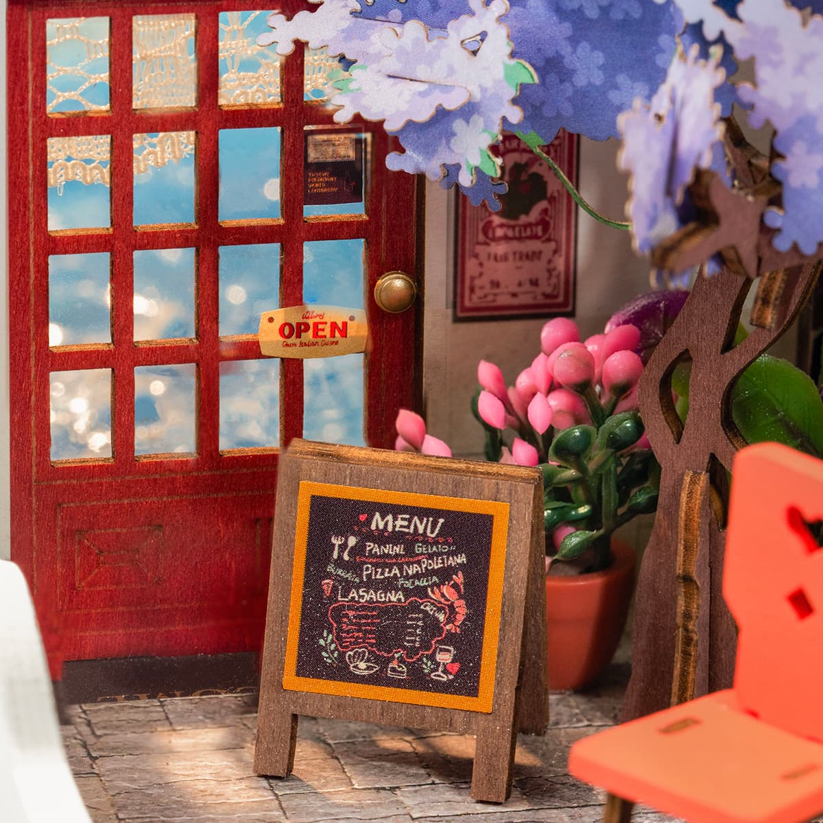 Rolife Sakura miniature scene with red telephone booth, chalkboard menu sign and blue blossom flowers