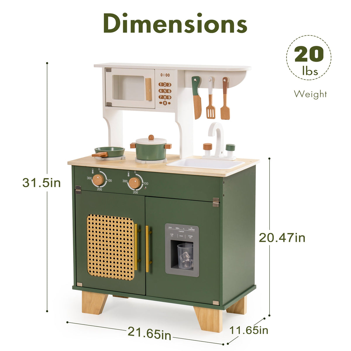 ROBUD vintage green kids play kitchen with rattan cabinet, stovetop, microwave, and ice maker shown with dimension callouts