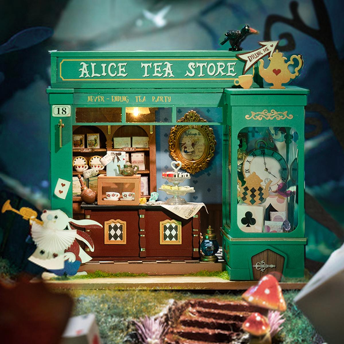 Rolife Alice Tea Store miniature facade in deep green with White Rabbit figurine and enchanted forest backdrop glowing at dusk