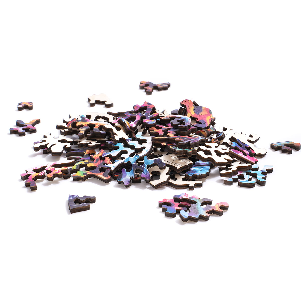 Robotime Fancy Leopard wooden puzzle pieces scattered in a pile, showing colorful neon-printed animal shapes before assembly