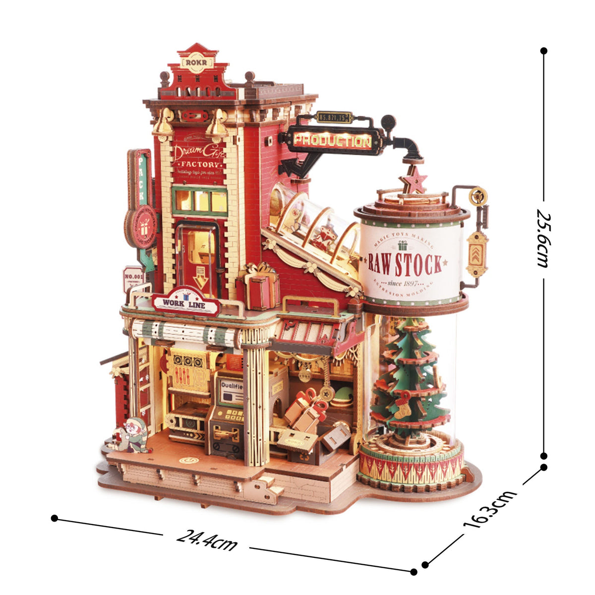 ROKR Dream Gift Factory EAB01 miniature music box dimension diagram showing 24.6 by 15.3 cm measurements with hand for scale