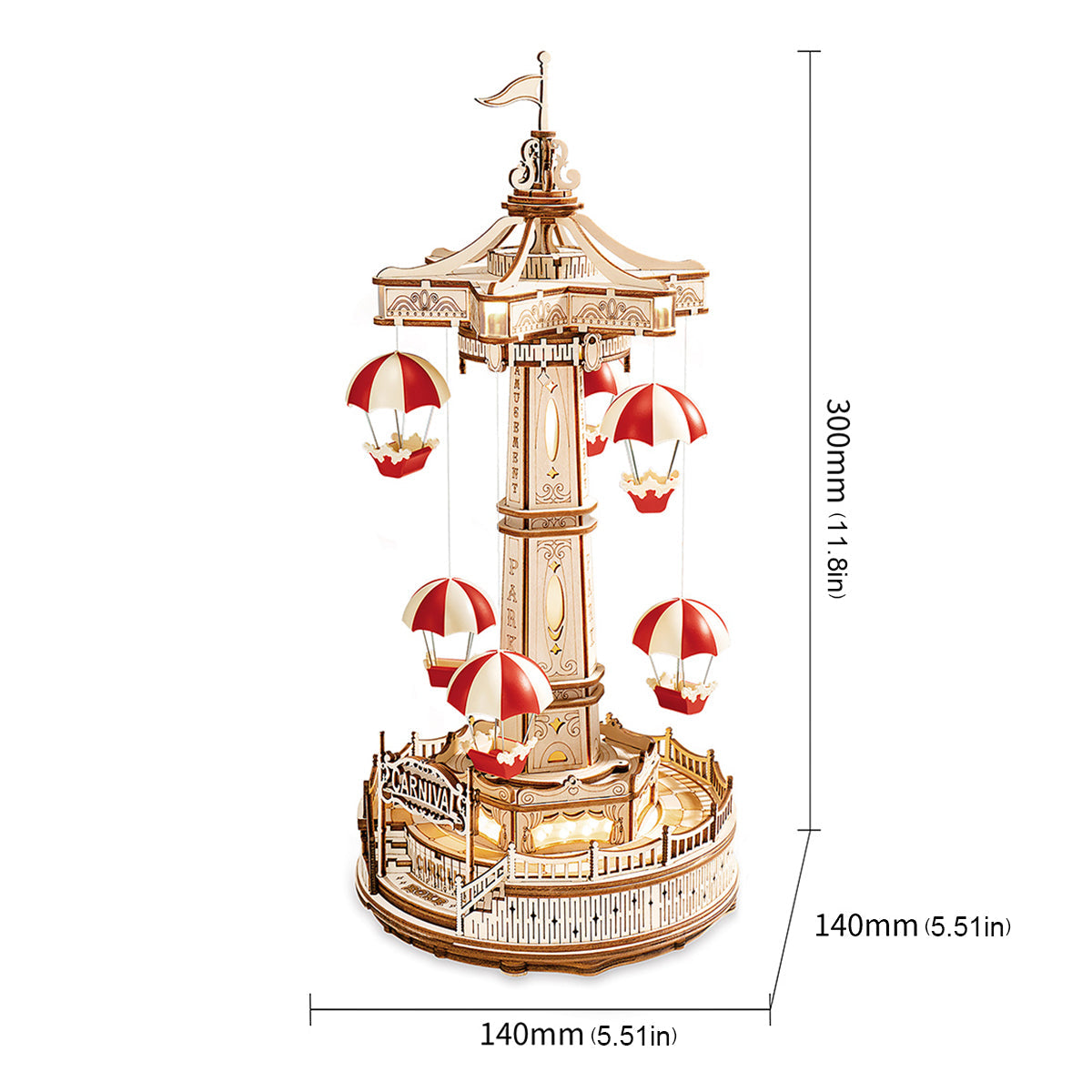 ROKR Parachute Tower dimension outline labeled 140 by 140 by 300 millimeters with the assembled model on white background