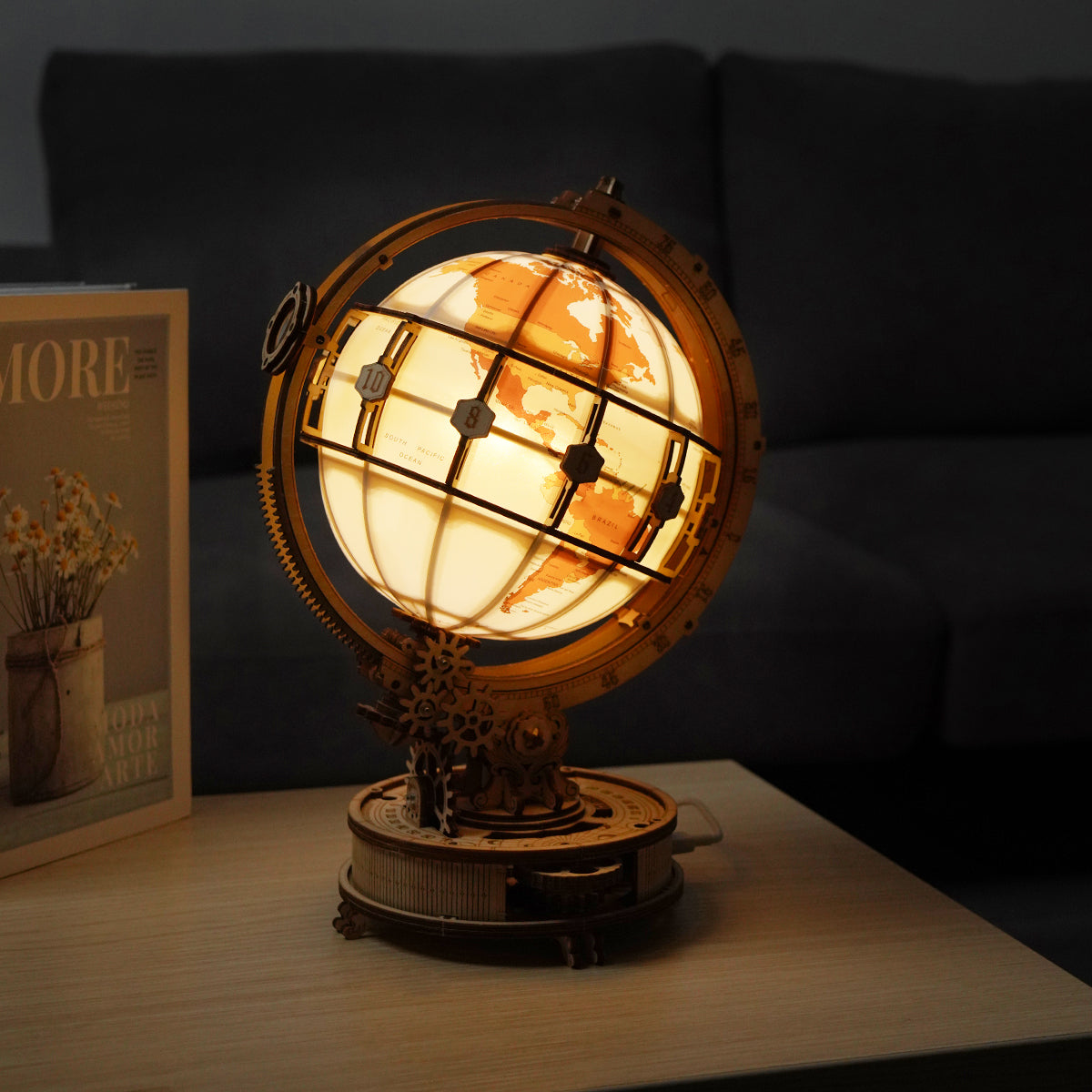 ROKR, Luminous Globe, ST003, 3D wooden globe puzzle, side angle