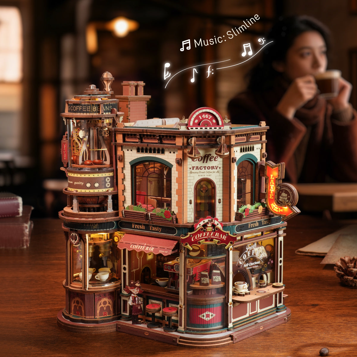 ROKR Dream Coffee Factory Music Box Wooden 3D Puzzle EAB02 3D wooden music box, angled view showing detail and craftsmanship