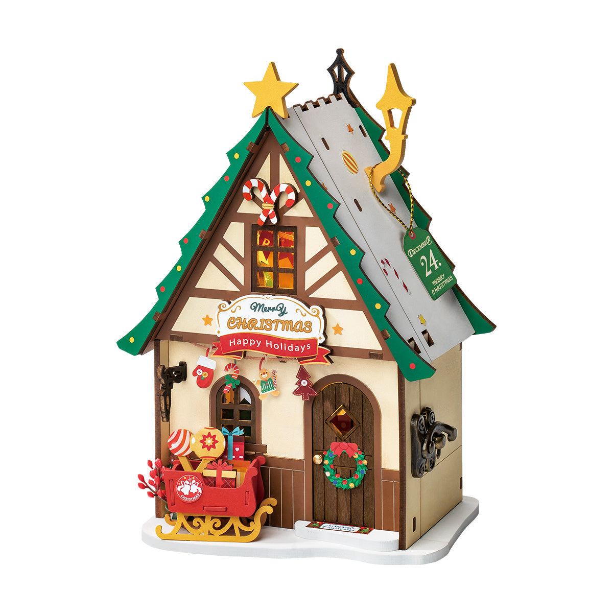 Rolife Twinkling Christmas House DS036 miniature house hero shot with lit green tree roof, Santa sleigh and warm facade glow