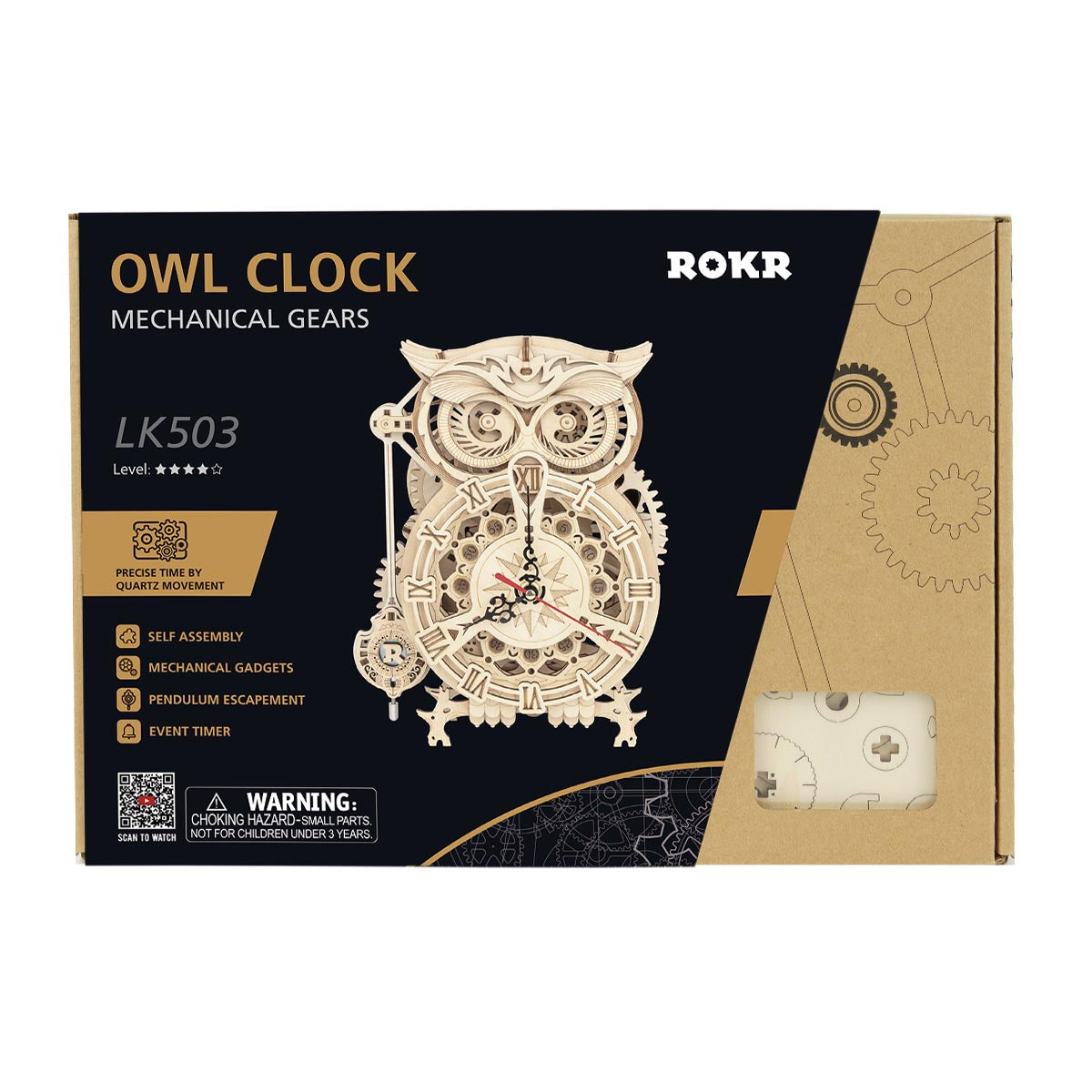 ROKR Owl Clock LK503 retail box with navy background, mechanical gears owl illustration and model details on front