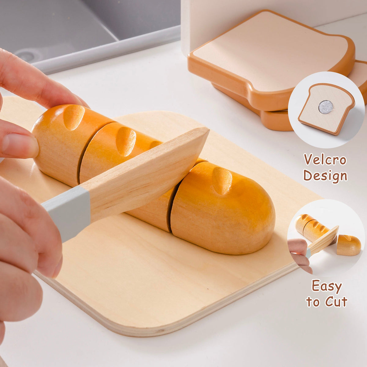 ROBUD wooden bread cutting playset velcro detail showing baguette being sliced on a cutting board with velcro design and easy-to-cut callouts, toast stack shown in background