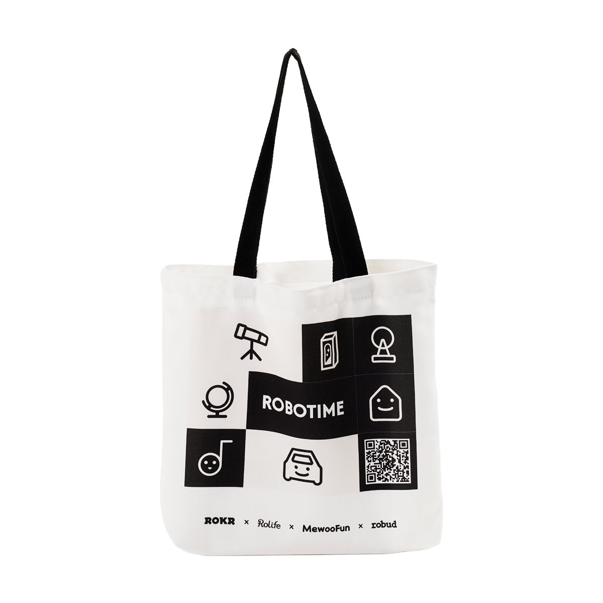 White canvas tote bag with Robotime brand icon grid printed on front and black handles