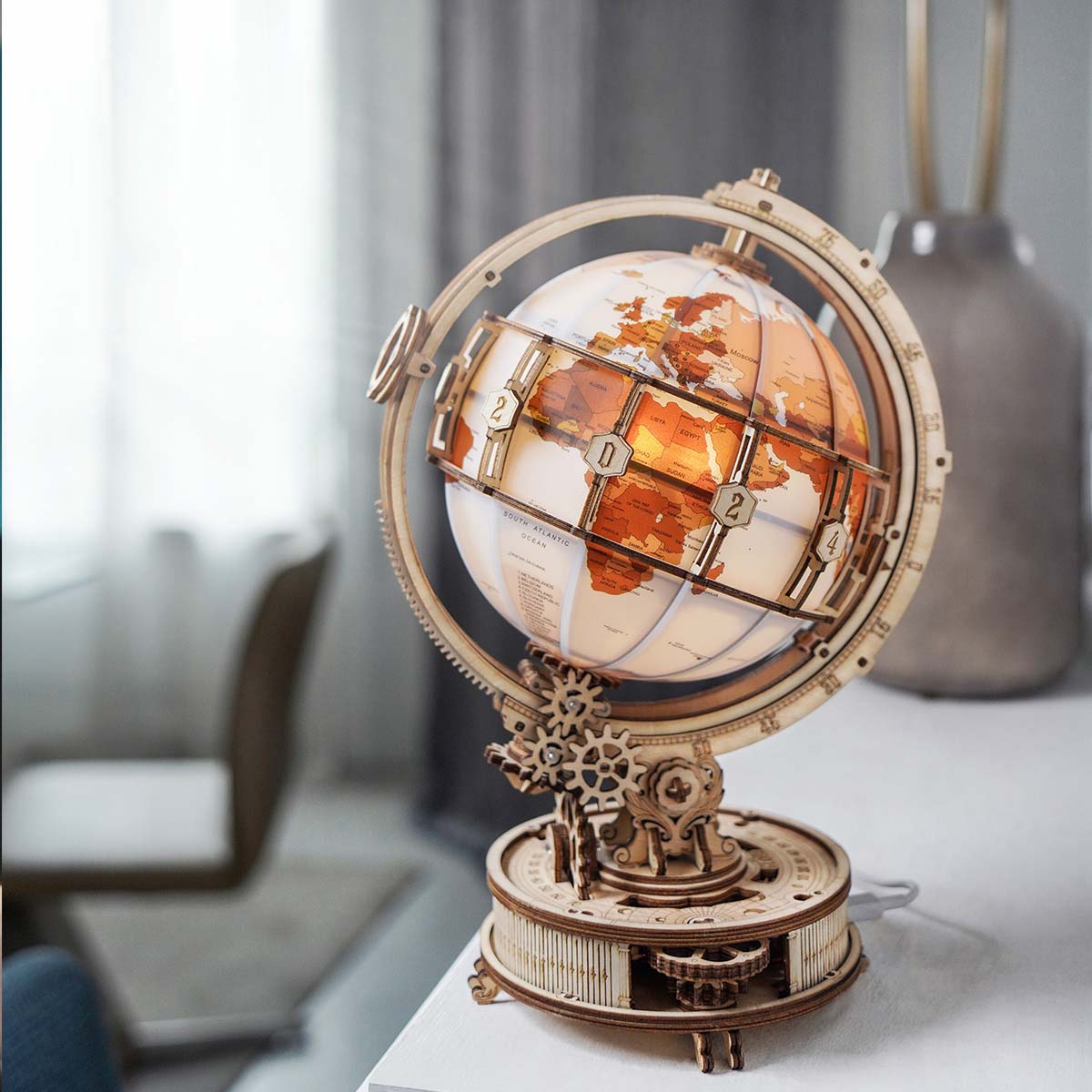 ROKR, Luminous Globe, ST003, 3D wooden globe puzzle, top-down view