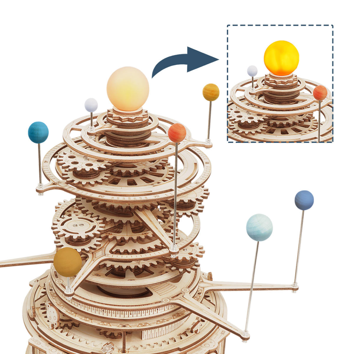 ROKR, Mechanical Orrery, ST001, 3D wooden orrery puzzle, top-down view