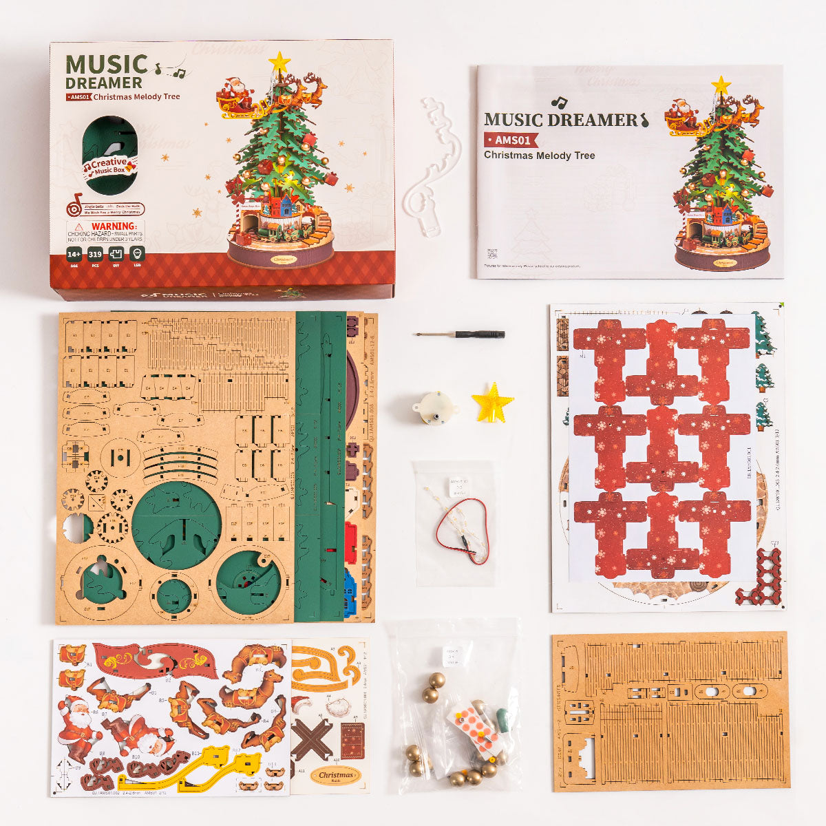 Rolife Christmas Melody Tree kit layout shows parts sheets, box panels, and tree pieces.