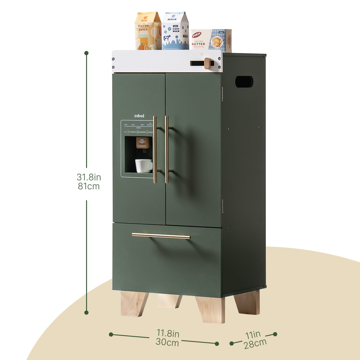 ROBUD vintage green play refrigerator with double doors shown with dimension callouts 31.8 inches tall and 11.8 inches wide