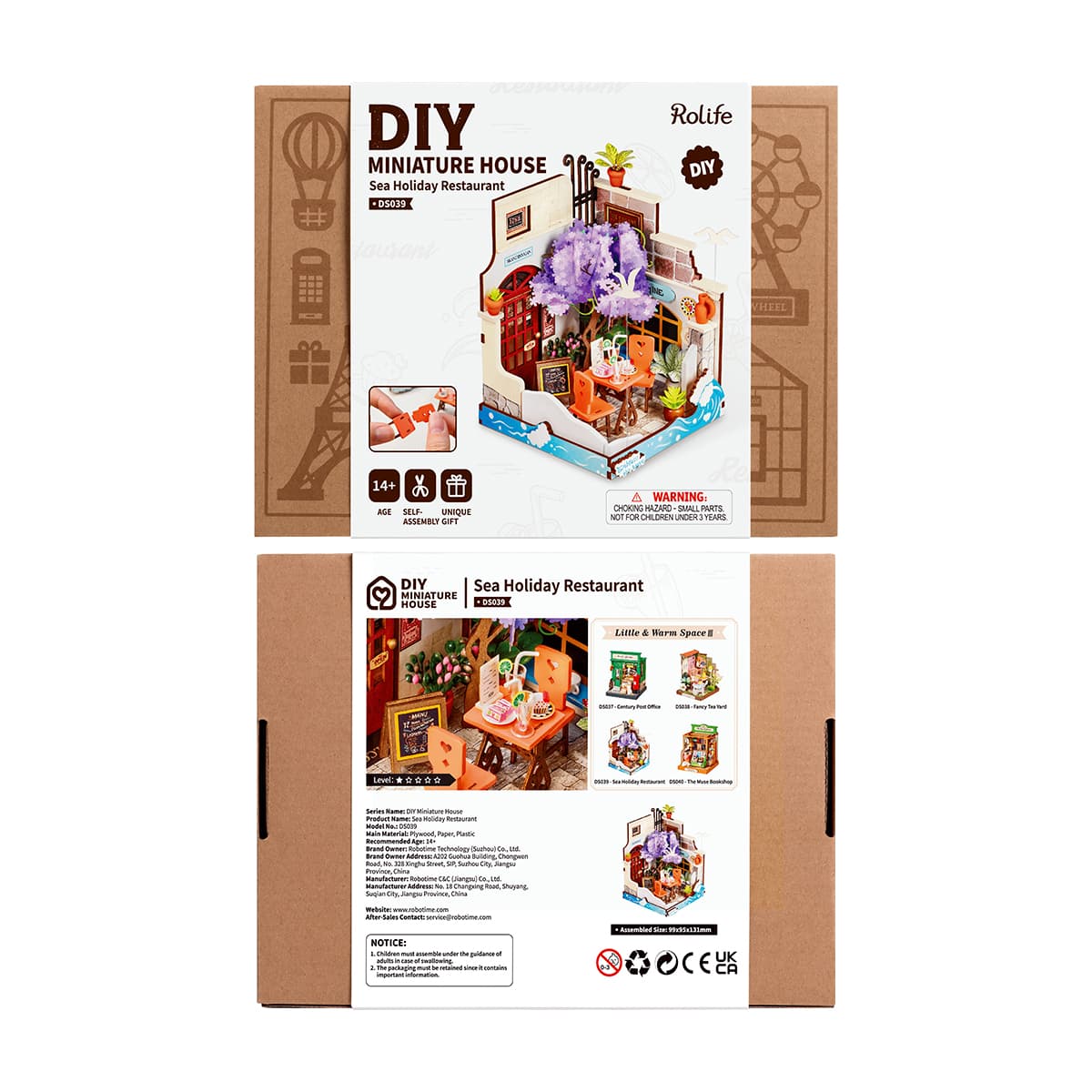 Rolife Sea Holiday Restaurant DIY miniature house retail packaging box front and back panels view