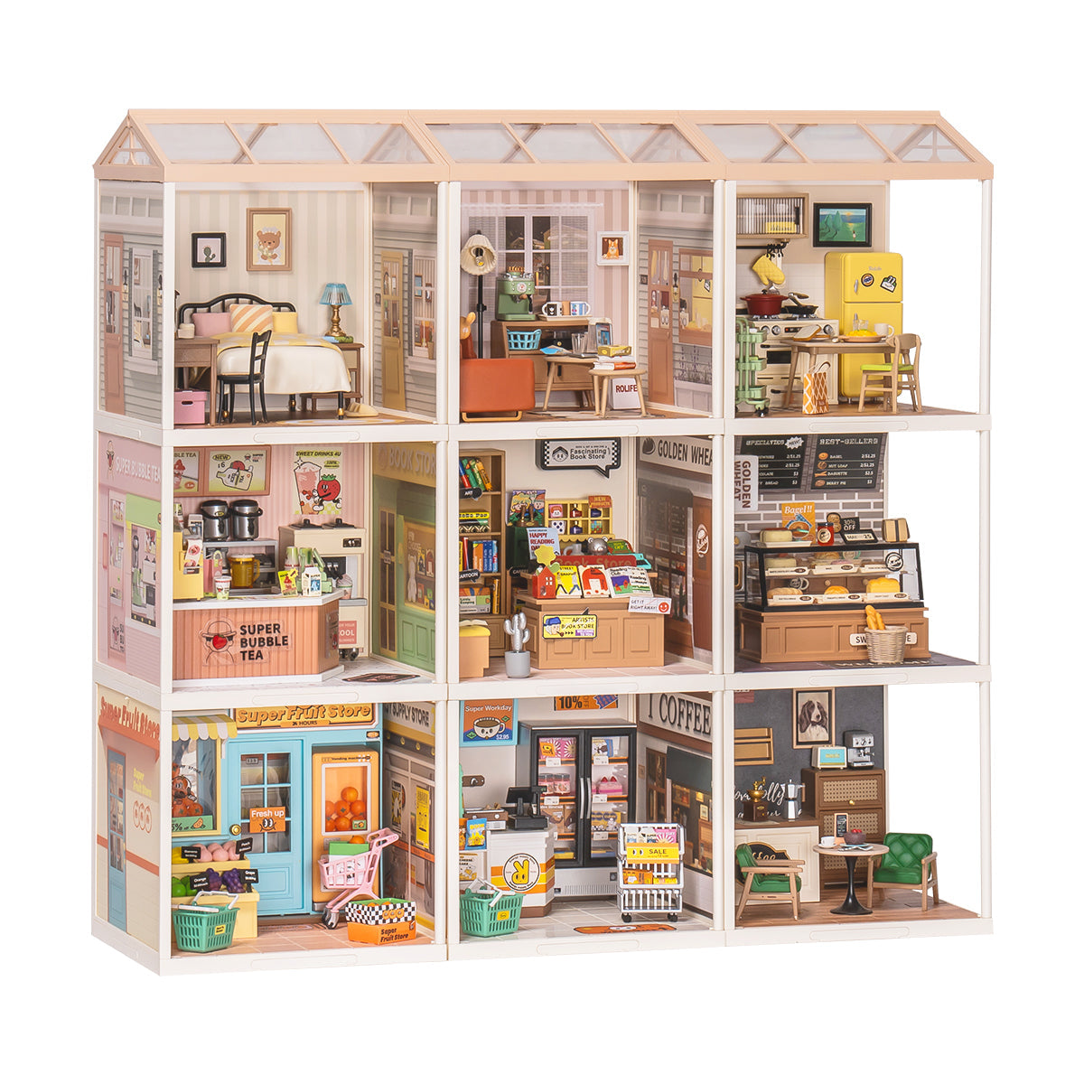 Rolife, Super Creator 9 in 1 Nine Grid, DIY miniature house kit, side angle